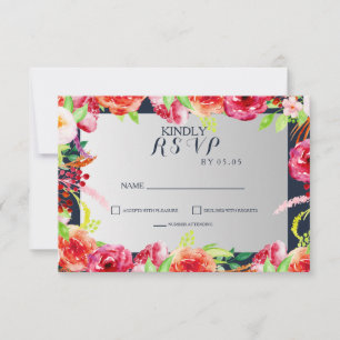 Cartão RSVP casamento entre marinhos e flores de aquarela prat