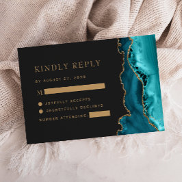 Cartão RSVP Casamento Escuro Ágata Dourada Azul Teal