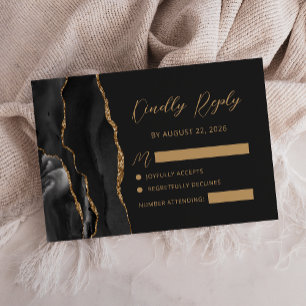 Cartão RSVP Casamento Escuro de Ágata Dourada Preta Moderna