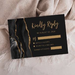 Cartão RSVP Casamento Escuro Moderno Ágata Preto Dourado Scrip