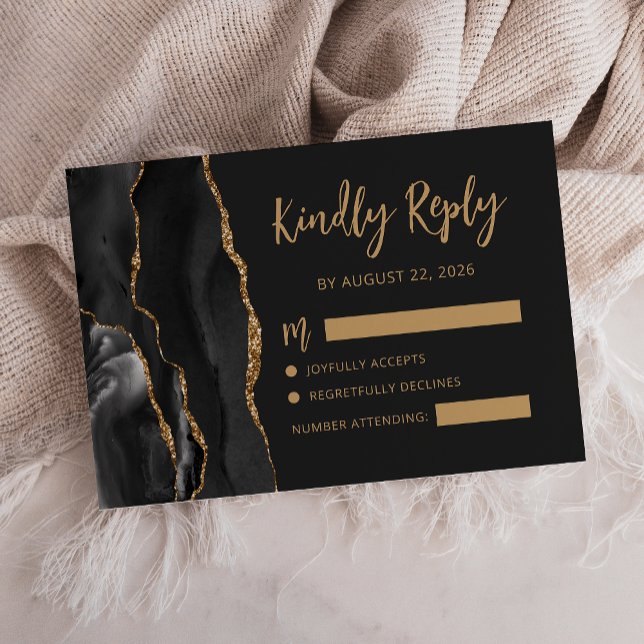 Cartão RSVP Casamento Escuro Moderno Ágata Preto Dourado Scrip (Criador carregado)