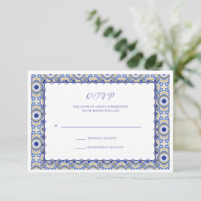 Cartão RSVP Casamento Espanhol de Talavera Mexicana Azul (Em pé/Frente)
