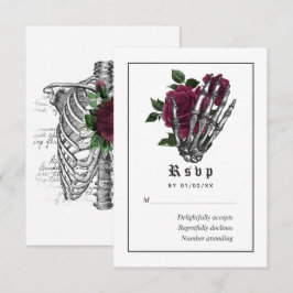 Cartão RSVP Casamento Esqueleto Gótico Floral Borgonha