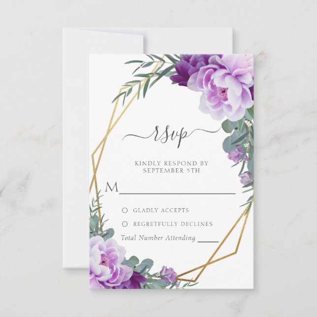 Cartão RSVP Casamento Eucalipto Floral Elegante Dourado e Roxo (Frente)