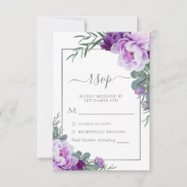 Cartão RSVP Casamento Eucalipto Floral Elegante Roxo e Prata