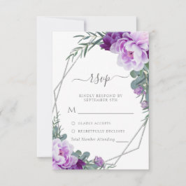 Cartão RSVP Casamento Eucalipto Floral Elegante Silver & Purpl