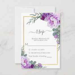 Cartão RSVP Casamento Eucalipto Floral Roxo e Dourado Elegante
