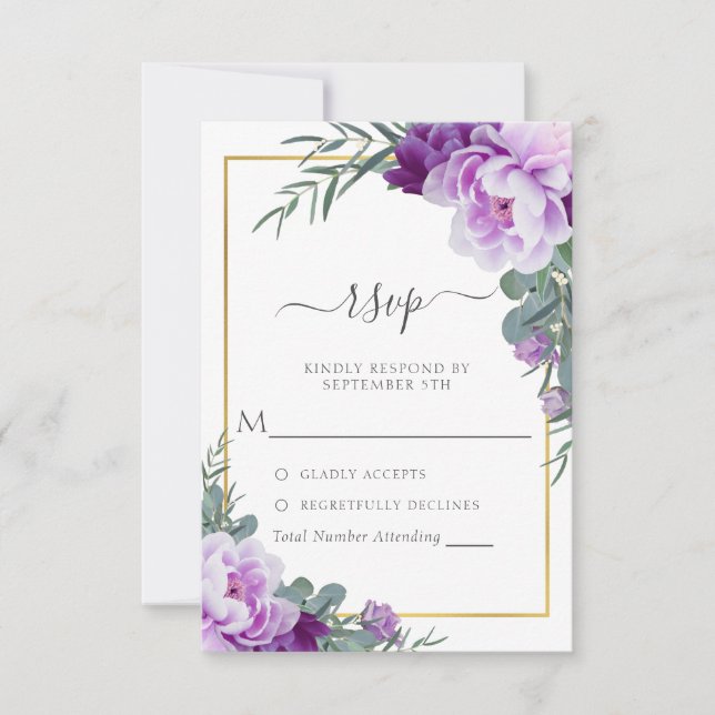 Cartão RSVP Casamento Eucalipto Floral Roxo e Dourado Elegante (Frente)