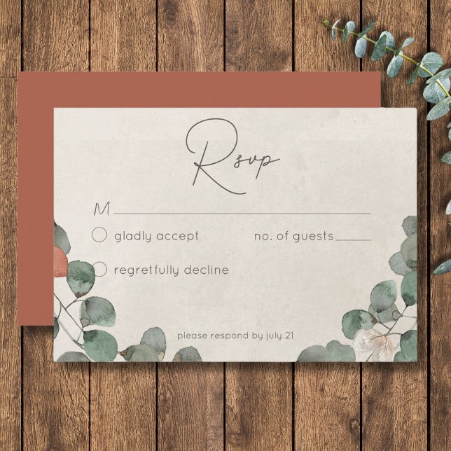 Cartão RSVP Casamento Eucalipto Wreath Verde Mínimo (Minimal Rust Green Eucalyptus Wreath Wedding RSVP Card)