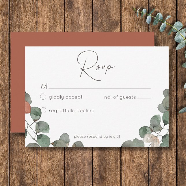Cartão RSVP Casamento Eucalipto Wreath Verde Mínimo (Minimal Rust Green Eucalyptus Wreath Wedding RSVP Card)