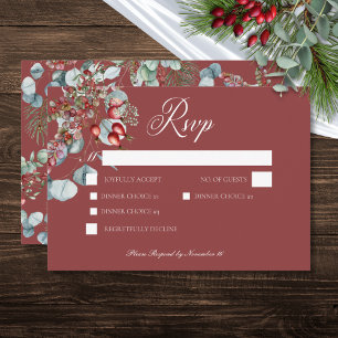 Cartão RSVP Casamento Eucalyptus com pinheiro vermelho