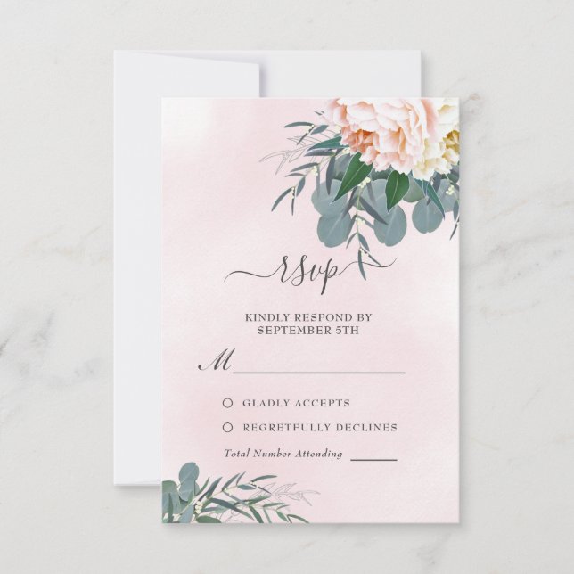Cartão RSVP Casamento Eucalyptus, Cor De Água, Cor Rosa Escura (Frente)