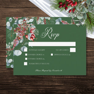 Cartão RSVP Casamento Eucalyptus em Berries Verdes Winter Pine