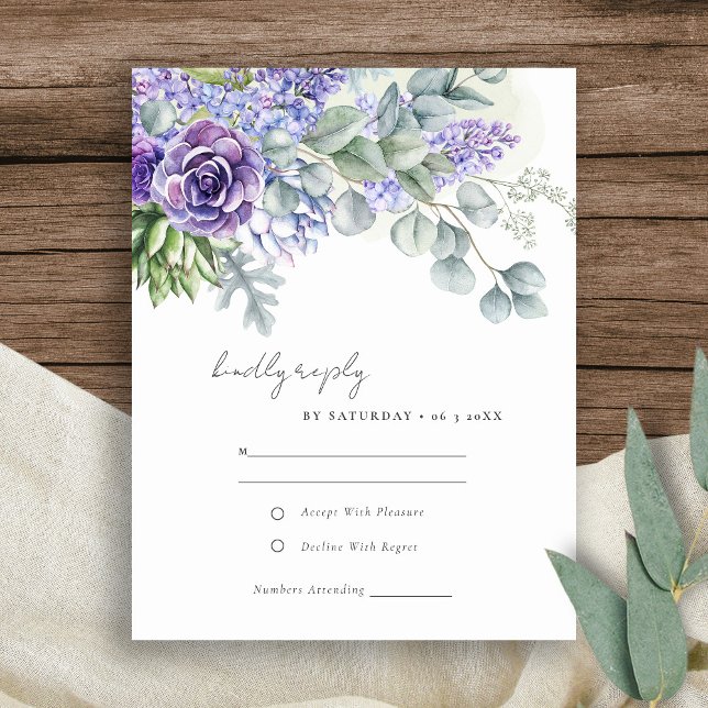 Cartão RSVP Casamento Eucalyptus Foliage - Suculente Lilac (Criador carregado)