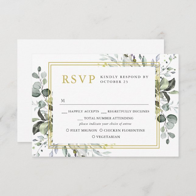 Cartão RSVP CASAMENTO Eucalyptus Simples ESCOLHA (Frente/Verso)