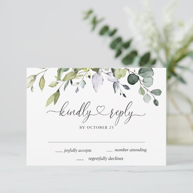Cartão RSVP Casamento Eucalyptus Simplesmente Elegante (Em pé/Frente)