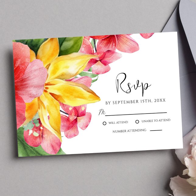 Cartão RSVP Casamento Exótico Tropical Colorida (Colorful Floral Tropical Exotic Wedding RSVP Card)