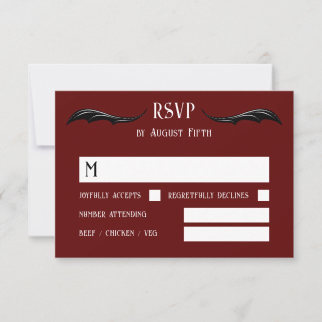 Cartão RSVP Casamento Fantasia do Dragão Negro Burgundy (Frente)