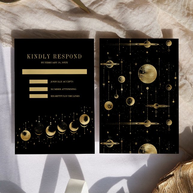 Cartão RSVP Casamento Fases da Lua Crescente Preto Celestial D (Criador carregado)
