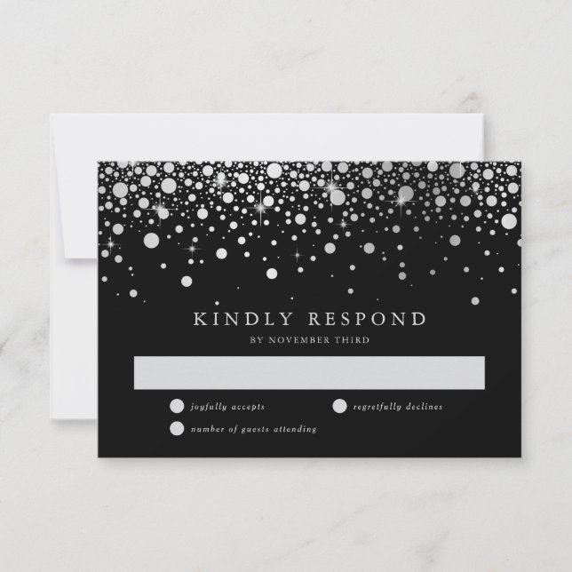 Cartão RSVP Casamento Faux Silver Foil Confetti Black e Silver (Frente)