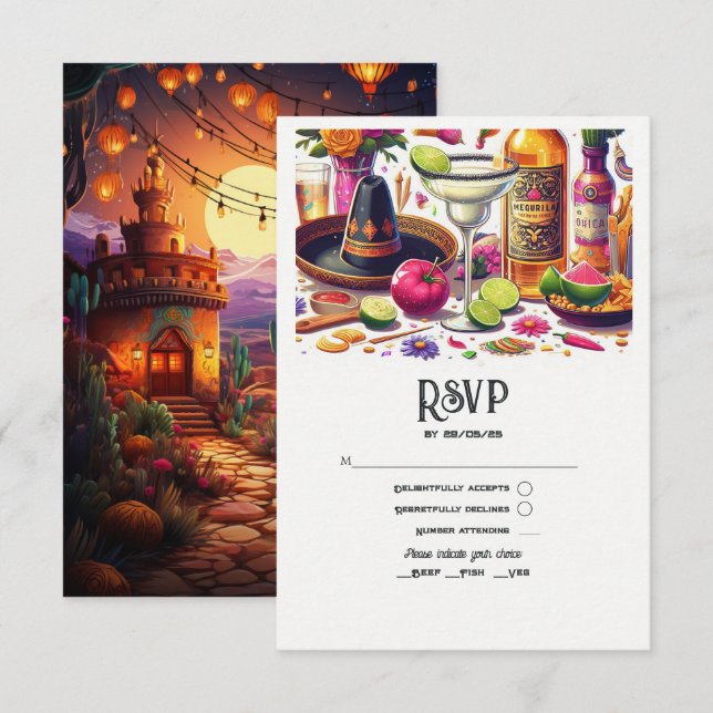 Cartão RSVP Casamento Fiesta Tacos e Tequila (Frente/Verso)