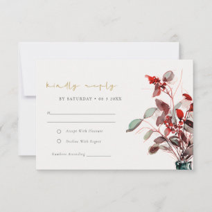 Cartão RSVP Casamento Florais Boho Vintage Vermelho Verde Esve