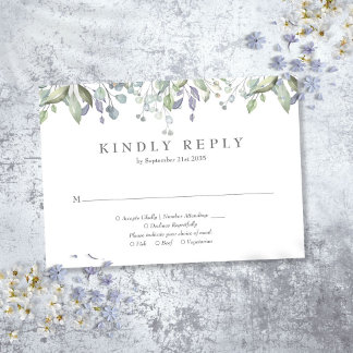 Cartão RSVP Casamento Floral Aguarela Verde Oliva Lilás