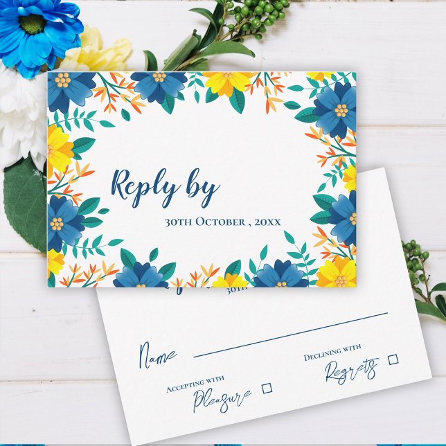 Cartão RSVP Casamento Floral Amarelo Azul Bonito Trendy (Elegant Trendy Pretty Yellow Blue Floral Wedding RSVP Card)