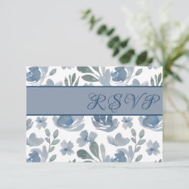 Cartão RSVP Casamento Floral Aquarela Azul Empoeirado Rústico