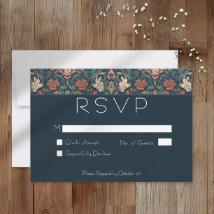 Cartão RSVP Casamento Floral Azul Art Nouveau William Morris
