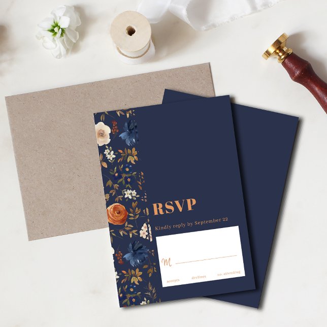 Cartão RSVP Casamento Floral Azul Azul Azul Escuro Boho (Criador carregado)
