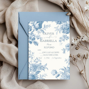 Cartão RSVP Casamento Floral Azul-Azul, Toile Francesa Elegant