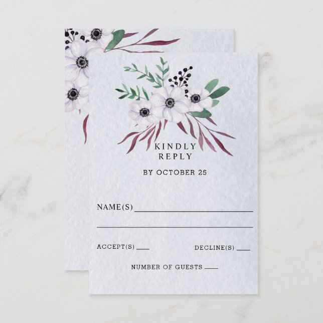 Cartão RSVP Casamento Floral Azul-Branco Rustic Watercolor (Frente/Verso)