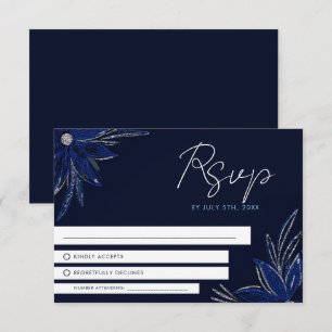 Cartão RSVP Casamento Floral Azul Chic Silver e Marinho