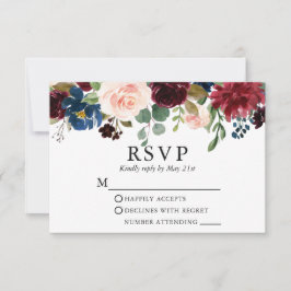 Cartão RSVP Casamento Floral Azul Cor-de-Água Burgundy