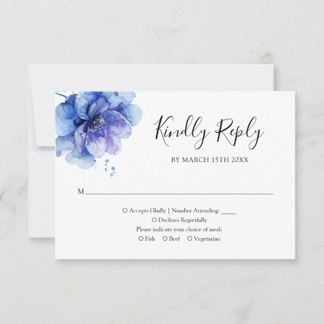 Cartão RSVP Casamento Floral Azul de Aquarela Elegante (Frente)