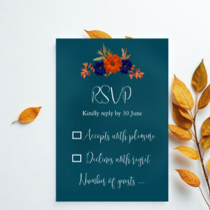 Cartão RSVP Casamento Floral Azul de Marinho Laranja de Outono