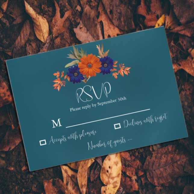 Cartão RSVP Casamento Floral Azul de Marinho Laranja de Outono (Criador carregado)