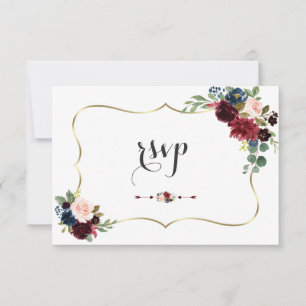 Cartão RSVP Casamento Floral Azul do Marinho de Merlot Dourado