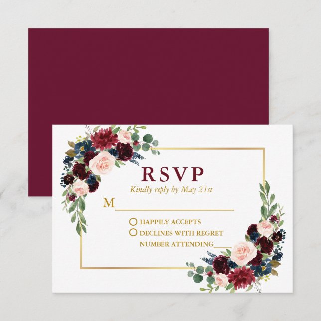 Cartão RSVP Casamento Floral Azul Dourado e Elegante Moderno (Frente/Verso)