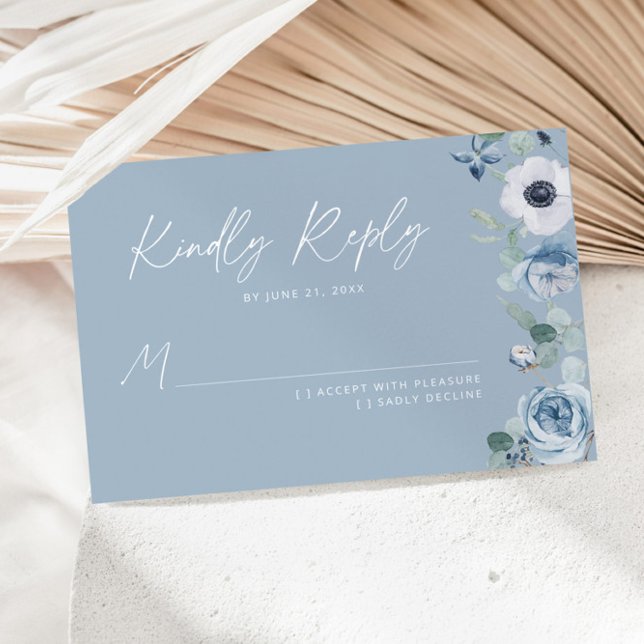 Cartão RSVP Casamento floral azul Dusty (Criador carregado)