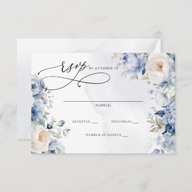 Cartão RSVP Casamento Floral Azul-Dusty Botânico Moderno Elega (Frente/Verso)