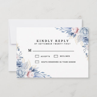 Cartão RSVP Casamento Floral Azul e Bege Elegante