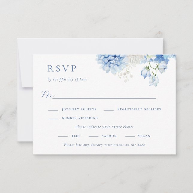 Cartão RSVP Casamento Floral Azul Elegante (Frente)