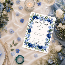 Cartão RSVP Casamento Floral Azul Elegante