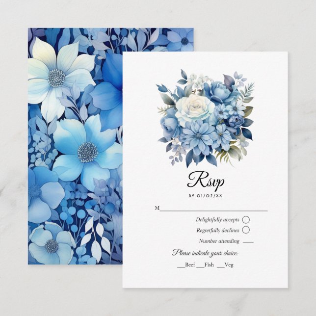 Cartão RSVP Casamento Floral Azul Empoeirado (Frente/Verso)