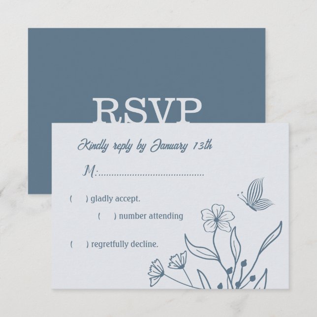 Cartão RSVP Casamento floral azul empoeirado romântico (Frente/Verso)