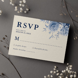 Cartão RSVP Casamento Floral Azul Francês e Creme Clássico Ele