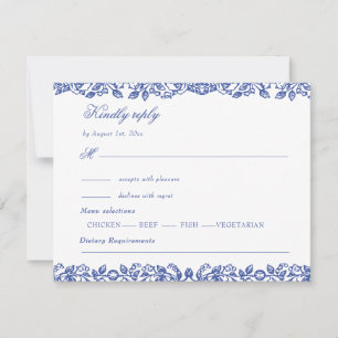 Cartão RSVP Casamento Floral Azul Francês Vintage Elegante
