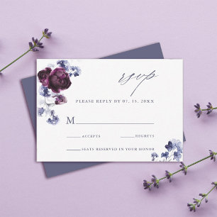Cartão RSVP Casamento Floral Azul-Indígo e Roxo-Púrpura